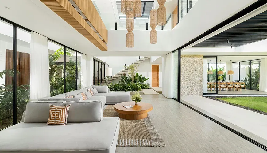 Arita Villa Canggu, Canggu, Bali — stylish living space with modern furniture and unique lighting | The Luxury Bali