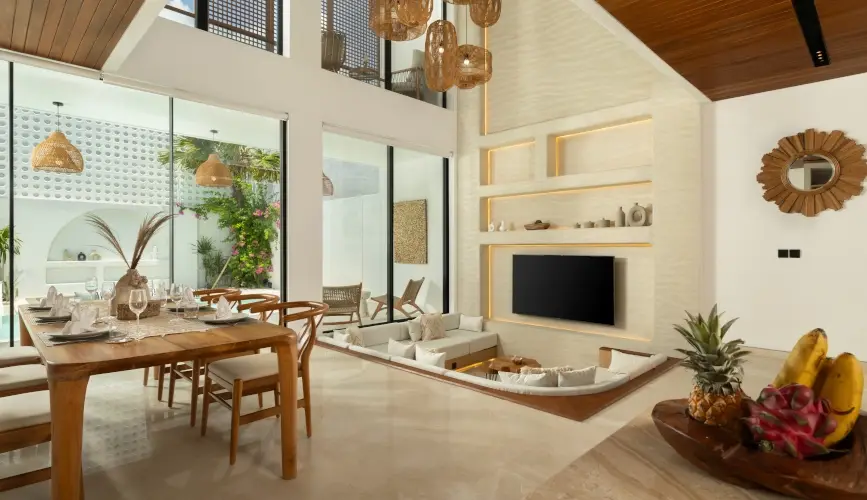 Fenta Villa, Canggu, Bali — luxury modern living room with sunken lounge and open dining area | The Luxury Bali