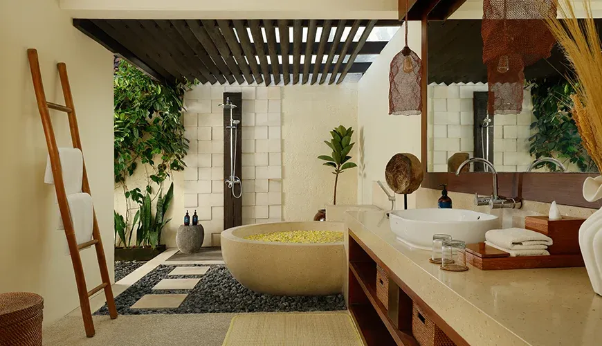 Villa Nelayan, Seminyak, Bali — elegant bathroom sanctuary with tropical garden canggu | The Luxury Bali