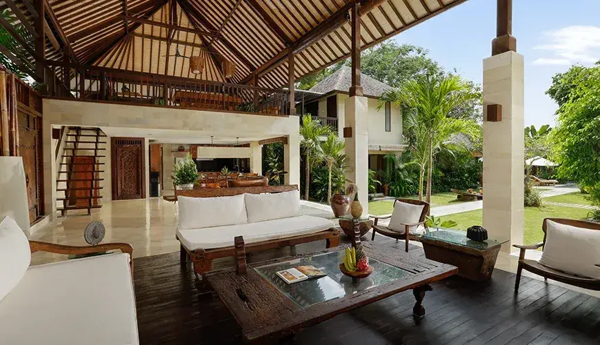 Villa Nelayan, Seminyak, Bali — open air balinese living area with garden view canggu | The Luxury Bali