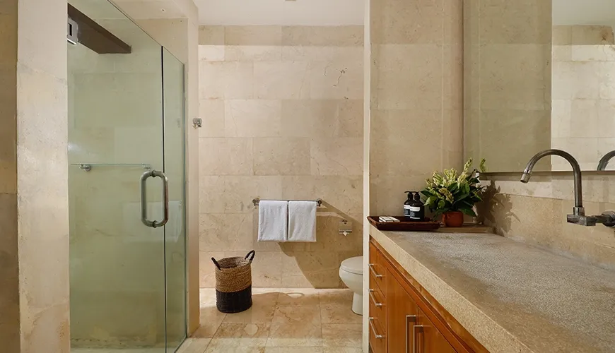 Villa Omegia 7BR, Canggu, Bali — contemporary bathroom with a clear glass shower enclosure | The Luxury Bali