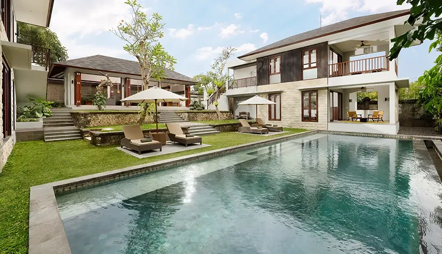 Villa Omekali, Canggu, Bali — panoramic view of villa with pool and interconnected buildings | The Luxury Bali