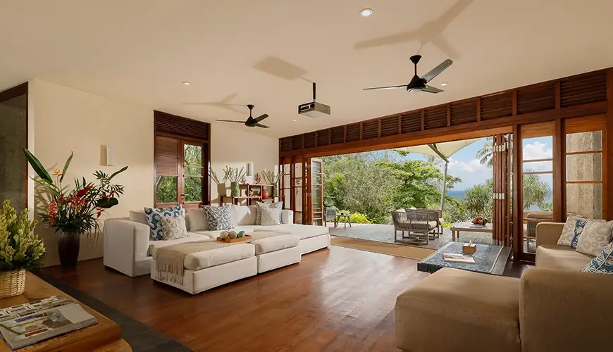 The Cove Bali, Tabanan, Bali — spacious living area features open design and stunning outdoor ocean vista | The Luxury Bali