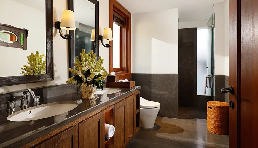 The Tulou Bali, Jimbaran, Bali — bathroom luxurious amenities inviting ambiance | The Luxury Bali