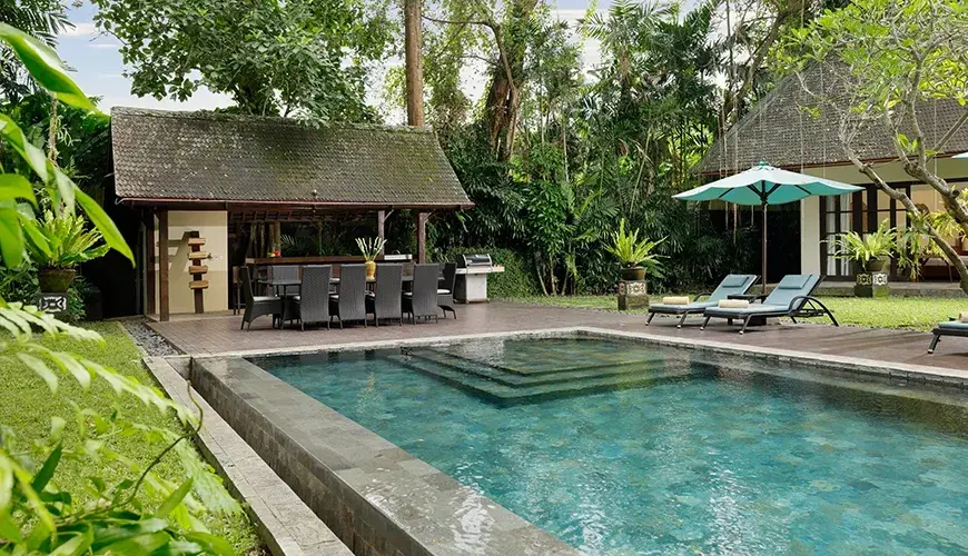 Villa Tirtadari, Kerobokan, Bali — tropical landscape showcasing diverse plants and peaceful ambiance seminyak | The Luxury Bali