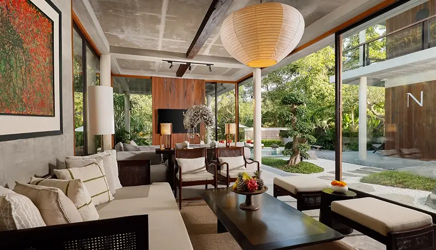 Uma Santai Pererenan, Pererenan, Bali — luxurious interior design showcasing a relaxed contemporary lounge area and stunning outdoor view canggu | The Luxury Bali