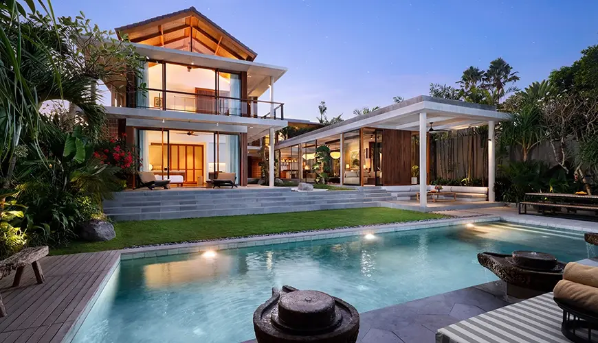 Uma Santai Pererenan, Pererenan, Bali — stunning luxury villa exterior featuring a private swimming pool surrounded by lush tropical landscaping canggu | The Luxury Bali