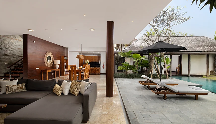 Villa Ambara, Canggu, Bali — open air bali living area overlooking the swimming pool | The Luxury Bali