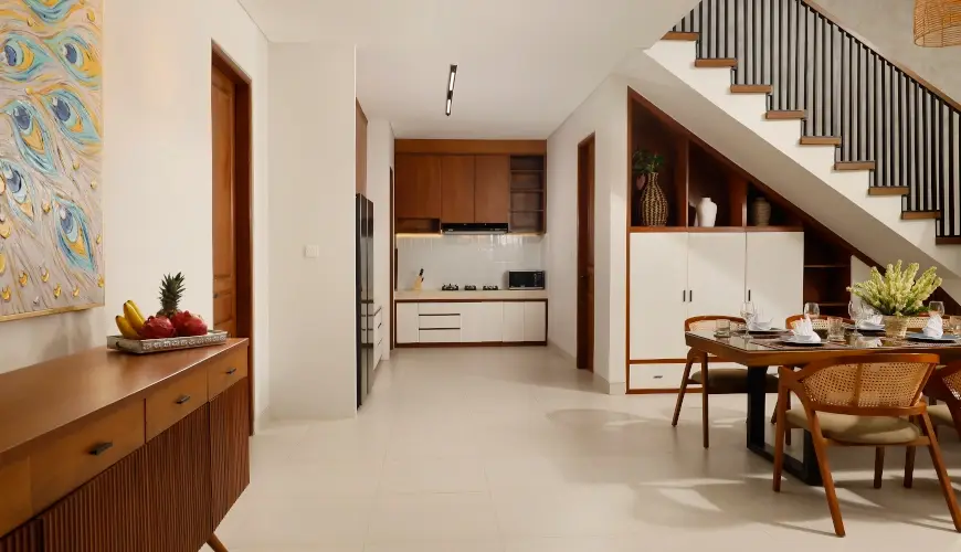 Villa Ananya, Seminyak, Bali — clean modern kitchen and dining area with minimalist wood design | The Luxury Bali