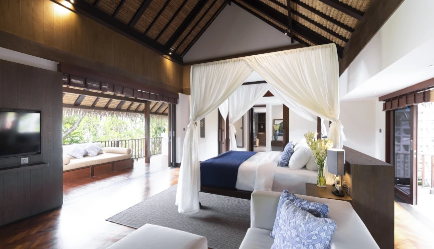 Villa Bangkuang, Canggu, Bali — bedroom with canopy bed high ceilings and terrace | The Luxury Bali