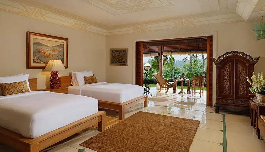 Villa Inka, Ubud, Bali — spacious twin bedroom of a tropical villa with a window and outdoor terrace area | The Luxury Bali