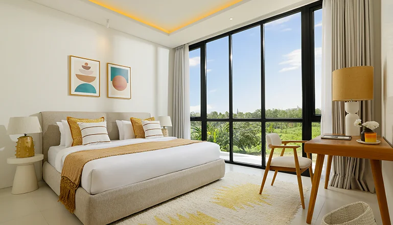 Villa Kalem Canggu, Canggu, Bali — spacious bedroom featuring a comfortable bed and minimalist design | The Luxury Bali