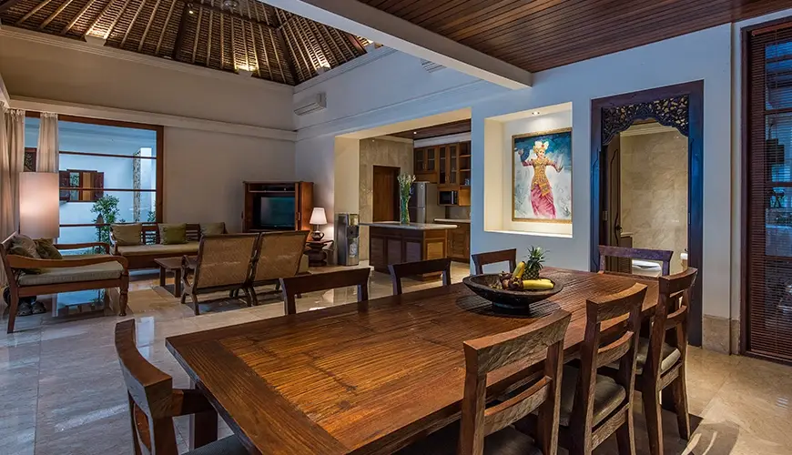 Villa Senada, Jimbaran, Bali — spacious dining area leading to kitchen and living space | The Luxury Bali