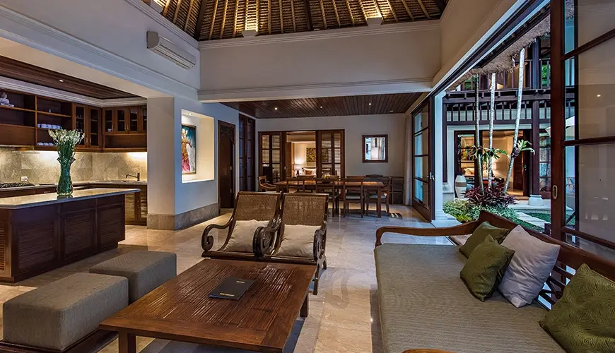 Villa Senada, Jimbaran, Bali — spacious open living area with kitchen dining and outdoor views | The Luxury Bali