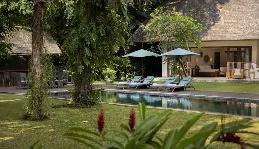 Villa Tirtadari, Kerobokan, Bali — lush garden with a long narrow pool and sun loungers seminyak | The Luxury Bali