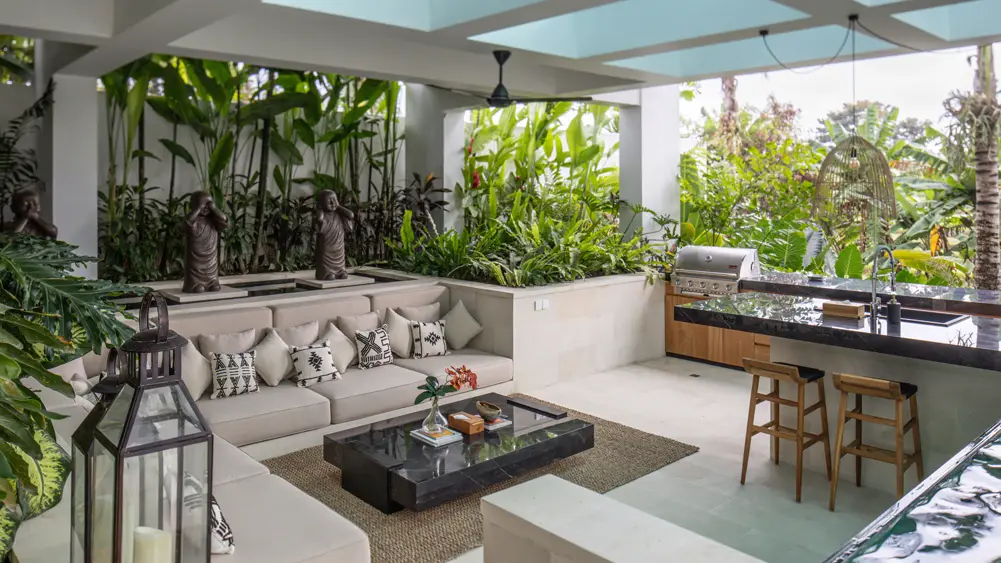 Villa Norbu, Canggu, Bali — spacious sunken kitchen dining and swim up bar | The Luxury Bali