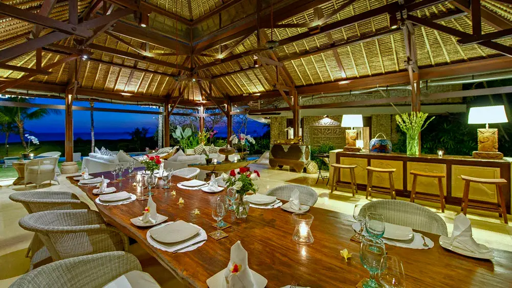 Sungai Tinggi Beach Villa, Canggu, Bali — dining room at night | The Luxury Bali